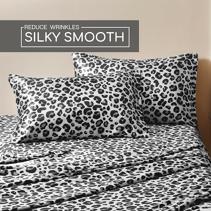 MR&HM Satin Sheets with Elastic Corner Straps, King Size Sheets Set, 4 Pcs Silky Bedding Set with 15 Inches Deep Pocket for Mattress (King, White Leopard)
