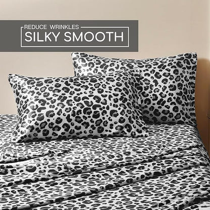 MR&HM Satin Sheets with Elastic Corner Straps, King Size Sheets Set, 4 Pcs Silky Bedding Set with 15 Inches Deep Pocket for Mattress (King, White Leopard)
