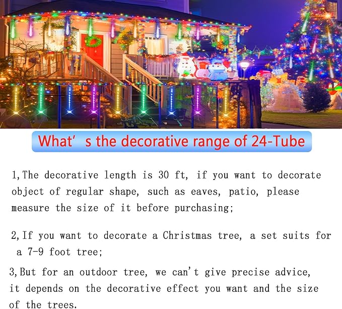 Outdoor Christmas Decorations: Meteor Shower Rain Lights Outdoor 24Tubes(Equivalent to 3 Sets of 8-Tubes) Icicle Christmas Lights for Halloween Xmas Yard Home, Multi Color