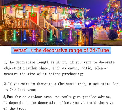 Outdoor Christmas Decorations: Meteor Shower Rain Lights Outdoor 24Tubes(Equivalent to 3 Sets of 8-Tubes) Icicle Christmas Lights for Halloween Xmas Yard Home, Multi Color