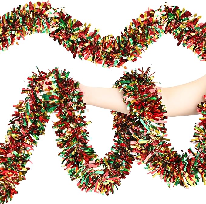 50FT Christmas Tinsel Garland, Red Green&Gold Metallic Twist Shiny Hanging Garland Ornaments for Christmas Tree, Party Supplies Thick Metallic Xmas Streamers