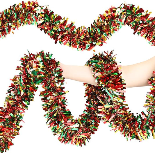 50FT Christmas Tinsel Garland, Red Green&Gold Metallic Twist Shiny Hanging Garland Ornaments for Christmas Tree, Party Supplies Thick Metallic Xmas Streamers