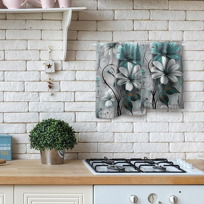 Rustic Farmhouse Hand Towels Teal Daisy Floral Butterfly Wooden Print Decorative Absorbent Kitchen Spa 28x14