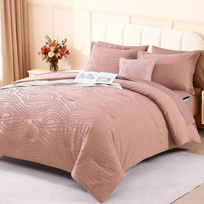 Geniospin Full Size Comforter Set - 7 Pieces Dusty Pink Bedding Set, Botanical Textured Comforter Bed Set, All Season Lightweight Bed in a Bag with Comforter, Sheets, Pillowcases & Shams
