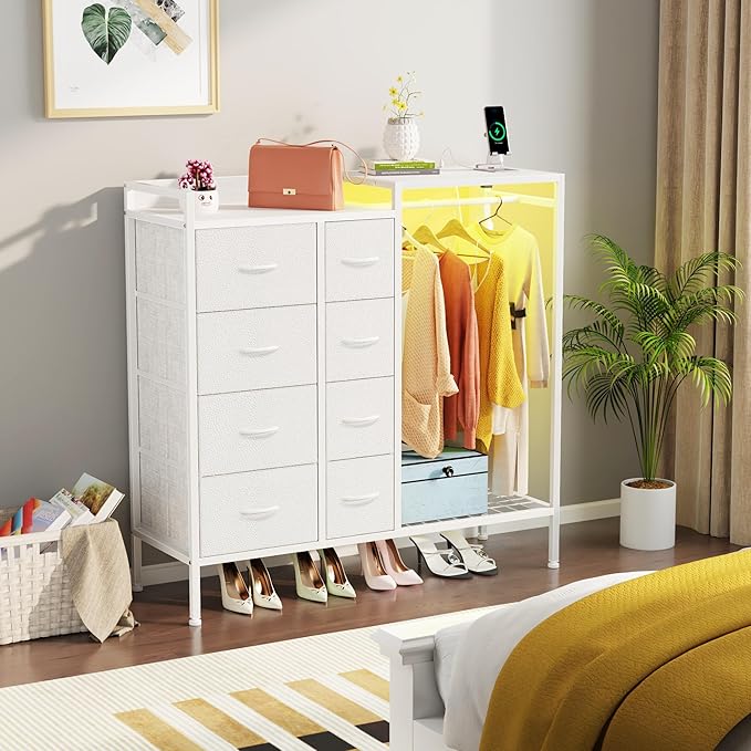 Hanging Rack 8 Drawer Dresser Charging Station & LED Lights, White Kids Chest of Fabric Drawers, White