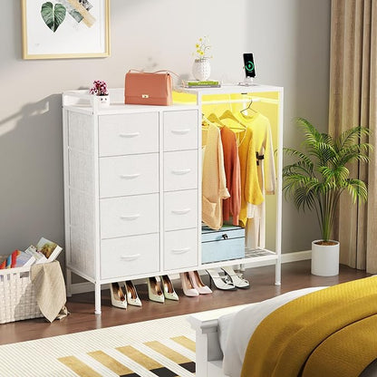 Hanging Rack 8 Drawer Dresser Charging Station & LED Lights, White Kids Chest of Fabric Drawers, White