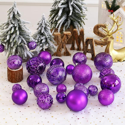 Purple Christmas Ball Ornaments Christmas Tree Decorations with Hang Rope-36pcs Shatterproof Christmas Ornaments Set with 6 Styles in 3 Sizes(Small Medium Large)