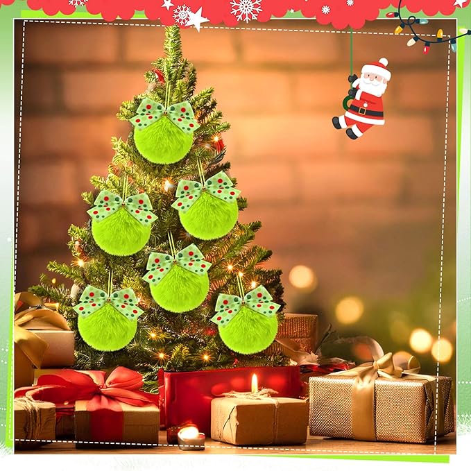 Norme 24-Pack Lime Green Furry Christmas Balls with Bow, 4" Soft Faux Fur Plush Pom Pom Ball Ornaments for Christmas Tree Hanging Decorations Party Fireplace Mantel Wall Decor(Green Polka Dots)