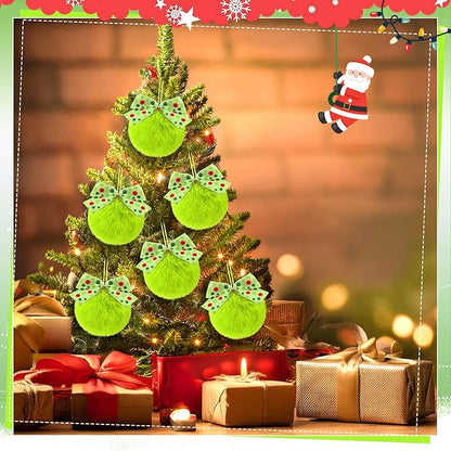 Norme 24-Pack Lime Green Furry Christmas Balls with Bow, 4" Soft Faux Fur Plush Pom Pom Ball Ornaments for Christmas Tree Hanging Decorations Party Fireplace Mantel Wall Decor(Green Polka Dots)