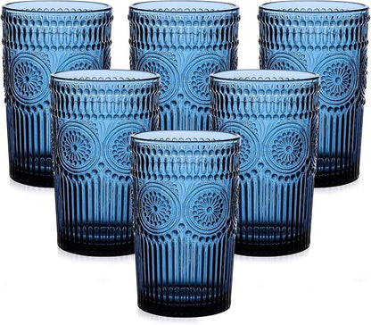 Vintage Glassware Drinking Glasses Set of 6,13 oz Blue Textured Flower Design Glass Water Tumblers，Embossed Striped Drinkware for Water,Cocktails,Juice,Iced Coffee