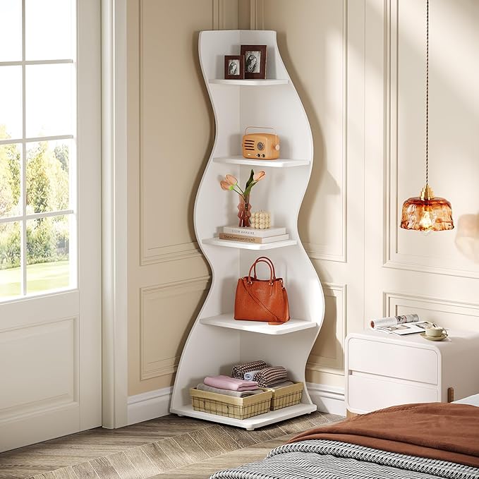 Tribesigns Wavy Corner Shelf, Modern 5-Tier Bookshelf Bookcase with Curvy Shape, Unique Plant Stand Display Rack for Living Room Small Space (White)