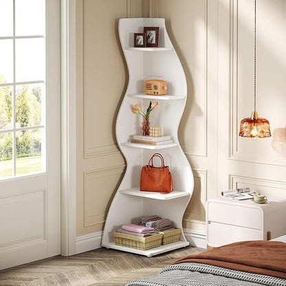 Tribesigns Wavy Corner Shelf, Modern 5-Tier Bookshelf Bookcase with Curvy Shape, Unique Plant Stand Display Rack for Living Room Small Space (White)