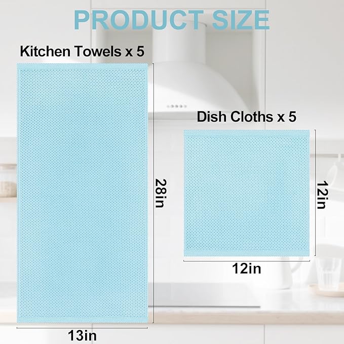 Homaxy 100% Cotton Kitchen Towels and Dishcloths Set, 12 x 12 Inches and 13 x 28 Inches, Set of 10 Bulk Kitchen Towels Set, Ultra Soft Absorbent Dish Cloths for Washing Dishes, Sky Blue