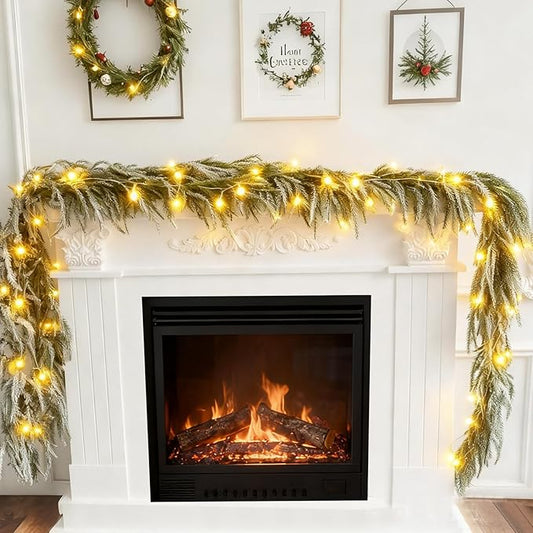 9FT Christmas Garlands Norfolk Pine Garland, Real Touch Artificial Winter Pine Garland, Green Artificial Greenery Garlands with Snowflake for Wall, Mantle, Table, Indoor, Outdoor Christmas Decorations