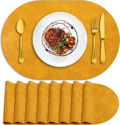 ADRIMER Placemats, Heat Resistant Oval Placemats Set of 8 Washable 12 x 17 Inch, Waterproof Table Mats, Wipeable Pu Place Mats for Kitchen, Dining Room, Yellow