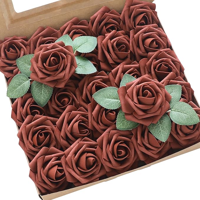 Floroom Artificial Flowers 25pcs Real Looking Terracotta Foam Fake Roses with Stems for DIY Wedding Bouquets Bridal Shower Centerpieces Floral Arrangements Party Tables Home Decorations