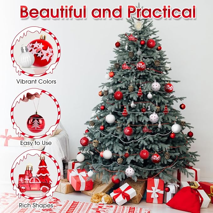 DeckTheHalls 42 Pcs Christmas Ornaments, Various Styles of Christmas Ball Ornaments, Shatterproof Christmas Balls for Holiday Xmas Tree Decor, Hanging Ornament for Indoor Decoration (Red & White)