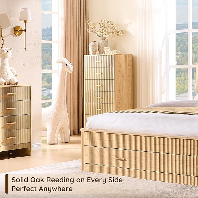 Fluted 6 Drawer Tall Dresser with Curved Profile,47.8" Tall Drawers with Reeded Texture,Gold Handles Storage Organizer Cabinet for Bedroom,Living Room,Entryway,Natural Oak