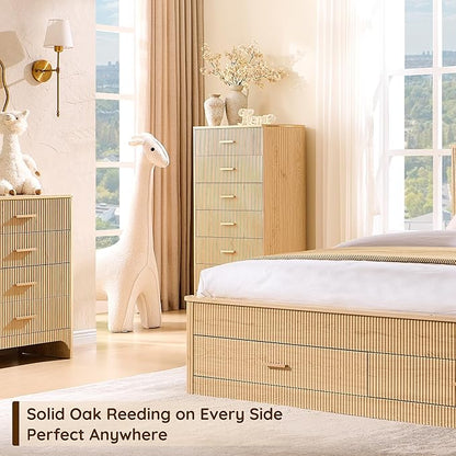 Fluted 6 Drawer Tall Dresser with Curved Profile,47.8" Tall Drawers with Reeded Texture,Gold Handles Storage Organizer Cabinet for Bedroom,Living Room,Entryway,Natural Oak