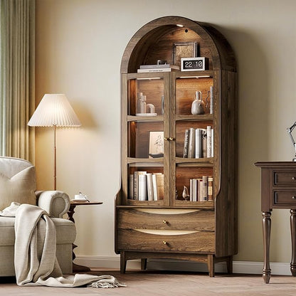 STO'SENSE 73" Tall Arched Bookshelf with LED Lights,4-Tier Modern Farmhouse Arched Bookcase with Glass Doors and Shelves,Wooden Display Cabinet with 2 Drawers for Living Room, Dining Room (Walnut)