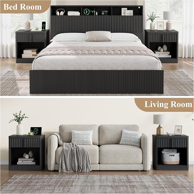 Fluted Nightstand Set of 2 with Charging Station, 23.6" Wood End Table with Solid Wood Handle, Curved Profile Design, Mid Century Moden Bedside Table for Bedroom, Black