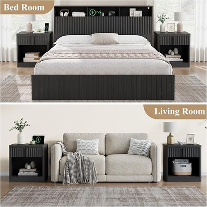 Fluted Nightstand Set of 2 with Charging Station, 23.6" Wood End Table with Solid Wood Handle, Curved Profile Design, Mid Century Moden Bedside Table for Bedroom, Black