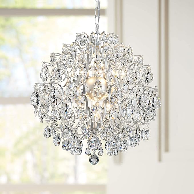Bestier Silver Modern Pendant Chandelier Crystal Raindrop Lighting Ceiling Light Fixture Lamp for Dining Room Bathroom Bedroom Livingroom 6 E12 Bulbs Required D19 in x H21 in