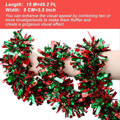 50 Feet Christmas Tinsel Garland for Christmas Tree Decorations, Red Green Metallic Twist Shiny Hanging Xmas Garlands for Stairs Mantle Fireplace Home Indoor Outdoor Holiday Party Suppliers Decor
