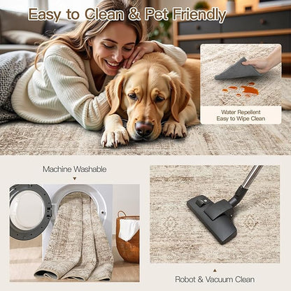 Lofus 5x7 Area Rug for Living Room,Beige Washable Area Rugs with Non-Slip Backing,Soft Neutral Carpets for Bedroom Dining Room Home Office Indoor Nursery