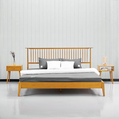 NTC Ruby Wooden Bed Frame with Headboard, Solid Oak and Rubber Wood Foundation with Silent Slats and Wood Central Supports, 1000 Lb Capacity, Effortless Assembly, King - Rustic Oak
