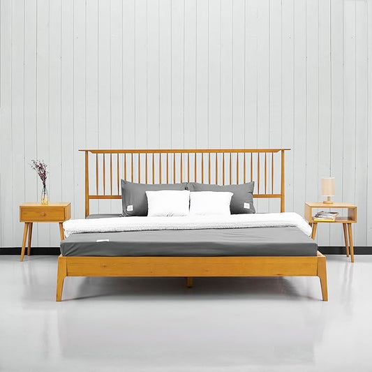 NTC Ruby Wooden Bed Frame with Headboard, Solid Oak and Rubber Wood Foundation with Silent Slats and Wood Central Supports, 1000 Lb Capacity, Effortless Assembly, Queen - Rustic Oak