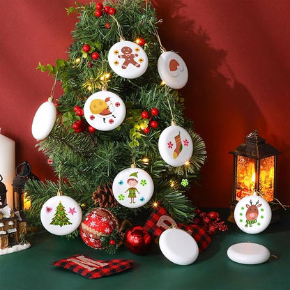 Syhood 48 Pcs 3.15'' DIY Christmas Blank White Ball Ornaments Set Plastic Matte Flat Discs Ornaments DIY Xmas Tree Decoration with Acrylic Paint Markers Gems Stickers for Crafts Party Decor