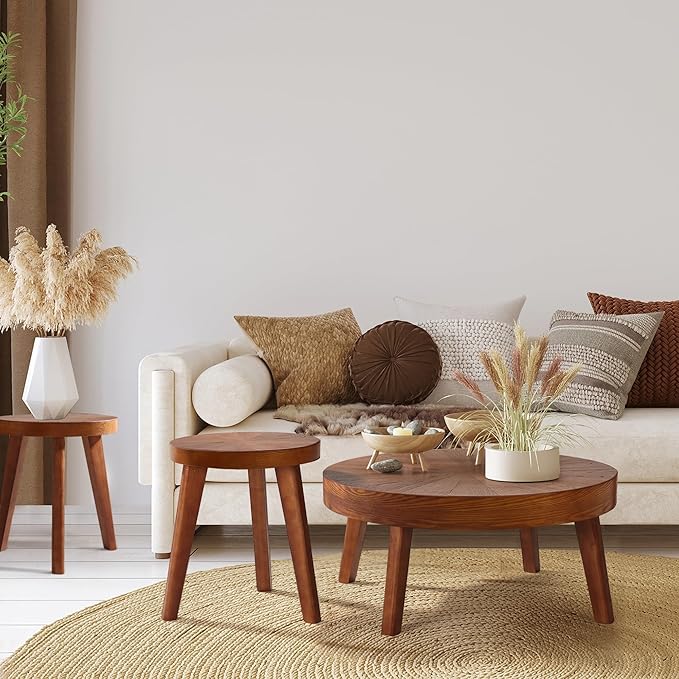 Farmhouse Round Coffee Table Set of 3, Boho Sofa Side Nesting Tables End Table Set with Wood Natural Finish for Living Room, Bedroom, Home Office,Brown