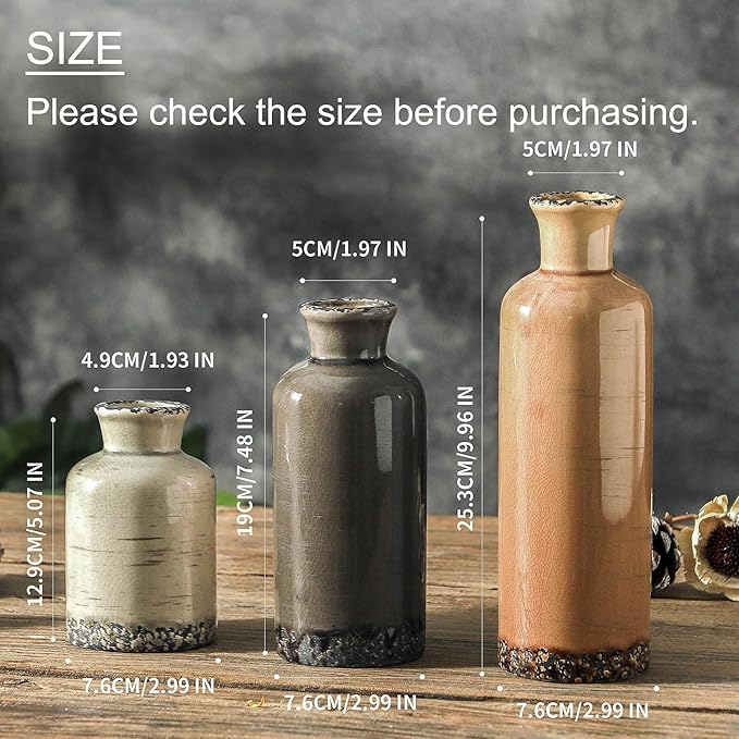 Ceramic Vase Set of 3, Neutral Flower Vases Home Decor, Pottery Rustic Farmhouse Decorative Vases Modern Decor for Table Mantel Entryway Bookshelf Living Room Kitchen Bedroom - Brown