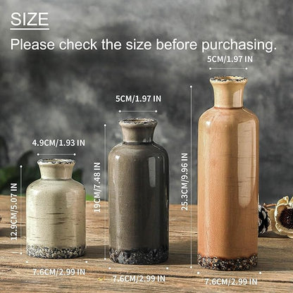Ceramic Vase Set of 3, Neutral Flower Vases Home Decor, Pottery Rustic Farmhouse Decorative Vases Modern Decor for Table Mantel Entryway Bookshelf Living Room Kitchen Bedroom - Brown