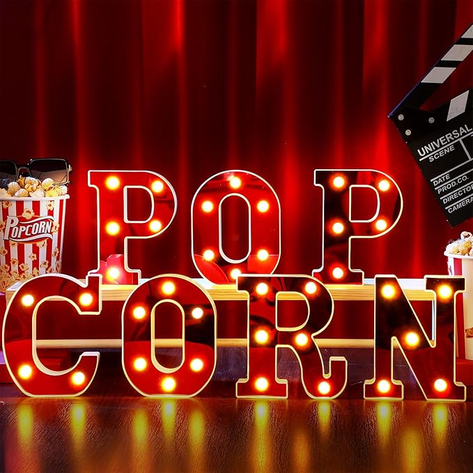 Popcorn Light up Letters Sign Party Decorations Battery Powered Marquee Lighted Sign LED Alphabet Letter Lights for Christmas Night Party Birthday Home Tabletop Decor Supplies Xmas Gift