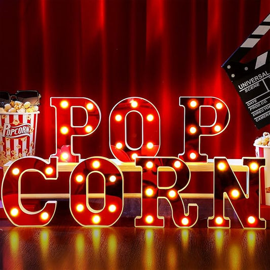 Popcorn Light up Letters Sign Party Decorations Battery Powered Marquee Lighted Sign LED Alphabet Letter Lights for Christmas Night Party Birthday Home Tabletop Decor Supplies Xmas Gift