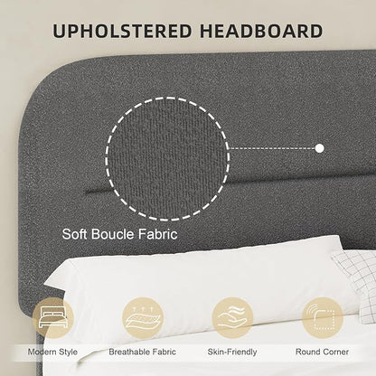 Twin Bed Frame Twin with Rounded Headboard, Soft Modern Twin Size Boucle with Thickened Footboard, Rounded Corners, No Box Spring Needed, Easy Assembly, Grey