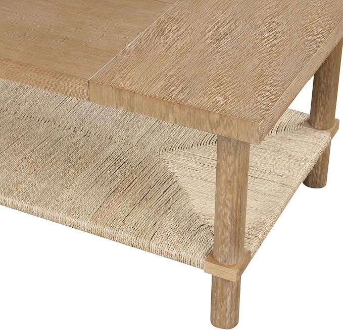 Nathan James Beacon Bohemian Coffee Table with Storage, 2-Tier Rectangle Coffee Table with Solid Wood Legs and Seagrass Shelf, Light Brown