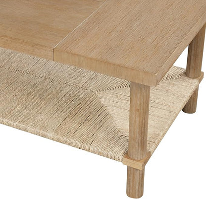 Nathan James Beacon Bohemian Coffee Table with Storage, 2-Tier Rectangle Coffee Table with Solid Wood Legs and Seagrass Shelf, Light Brown