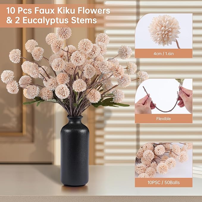 Faux Beige Kiku Flowers 10 Stems & 2 Eucalyptus,Fake Mums Flower Autumn Artificial Chrysanthemums Mini Ball Floral for Table Centerpieces,Silk Fall Faux Mums Flower for Vase Wedding Arrangements Decor