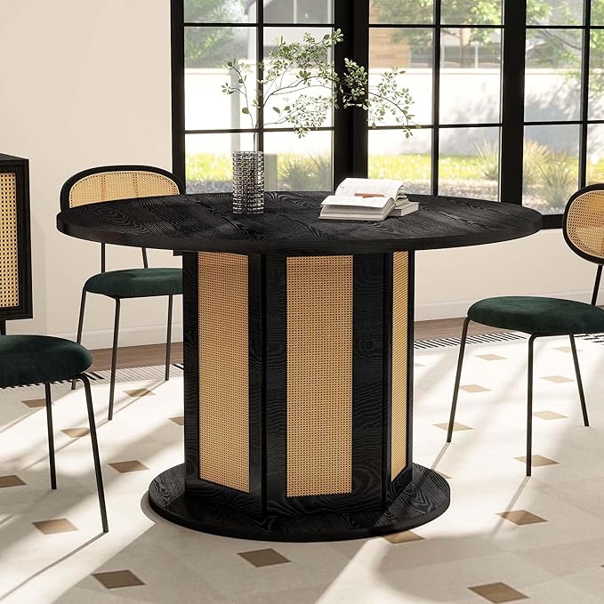 DWVO Round Dining Table for 4-6 People, 47 Inch Farmhouse Kitchen Table with Rattan Circular Base, Black