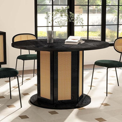 DWVO Round Dining Table for 4-6 People, 47 Inch Farmhouse Kitchen Table with Rattan Circular Base, Black