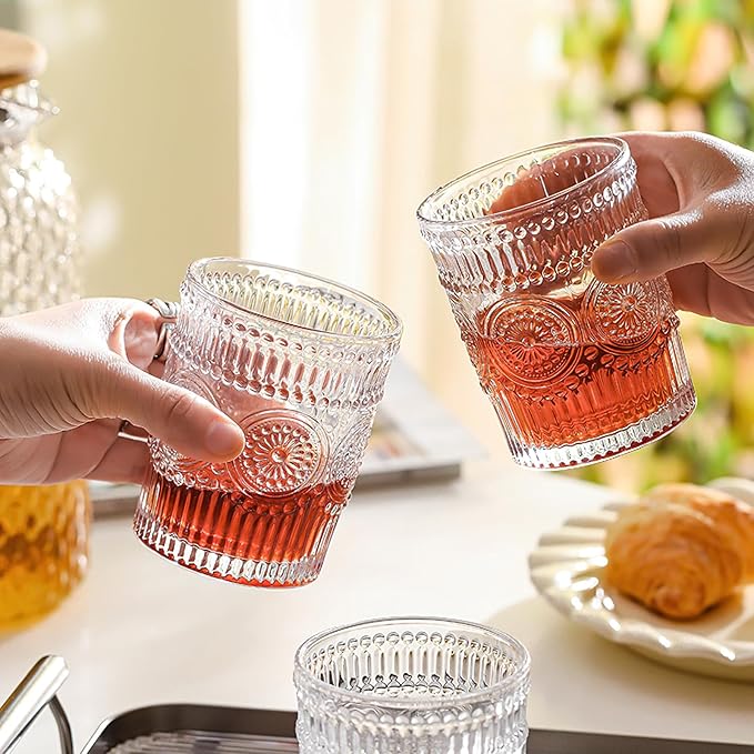 Kingrol 6 Pack 9 oz Romantic Water Glasses, Small Drinking Glasses Tumblers, Vintage Glassware Set for Juice, Beverages, Beer, Cocktail