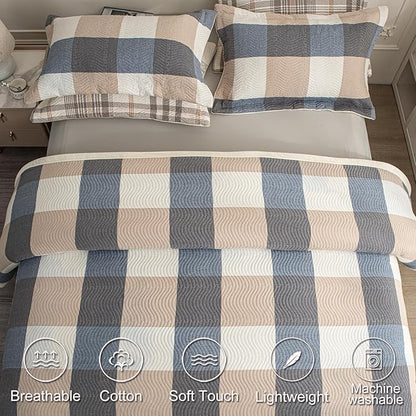 Cotton Plaid Quilt Set Queen 3 Piece Reversible Bedding, Grid Beige Blue