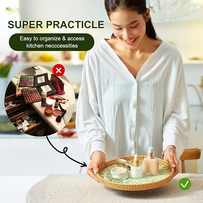 Round 12" Rattan Serving Tray with Mother of Pearl Inlay, Decorative Wicker Tray with Wooden Base for Bread, Fruit, Food Display and Storage (Leaf)