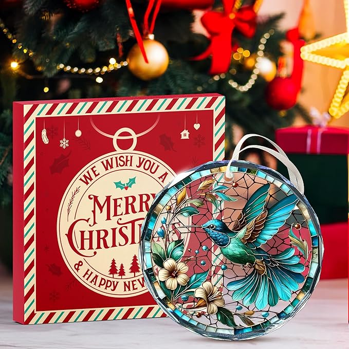 Hummingbird Ornaments for Christmas Tree - Stained Glass Hummingbird Gifts for Women, Unique Crystal Glass Ornaments