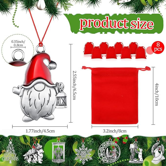 Zhengmy 8 Pieces Christmas Ornaments 2025 Solid Pewter Christmas Tree Ornament Metal Gnomes Santa Angel Snowman Hanging Craft Xmas Gifts with Red Bags(Cute)