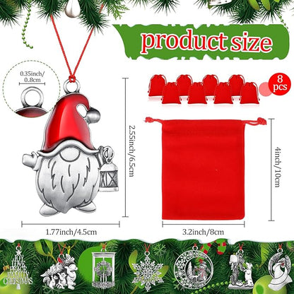 Zhengmy 8 Pieces Christmas Ornaments 2025 Solid Pewter Christmas Tree Ornament Metal Gnomes Santa Angel Snowman Hanging Craft Xmas Gifts with Red Bags(Cute)