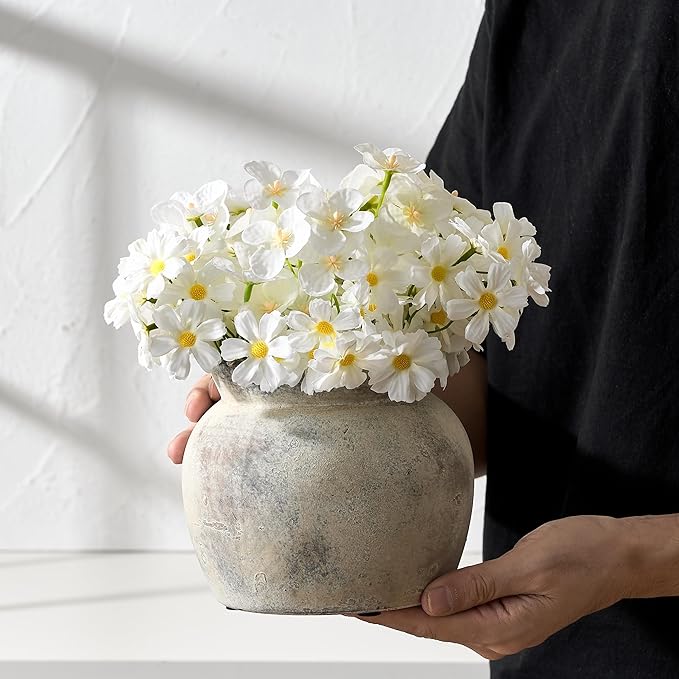 SIDUCAL Ceramic Flower Vase with Wide Mouth Lace, 5.1 Inch Pottery Rustic Farmhouse Boho Vases, Small Terracotta Vase for Home Decor, Table, Living Room, Bathroom, Shelf, Wedding, Terra